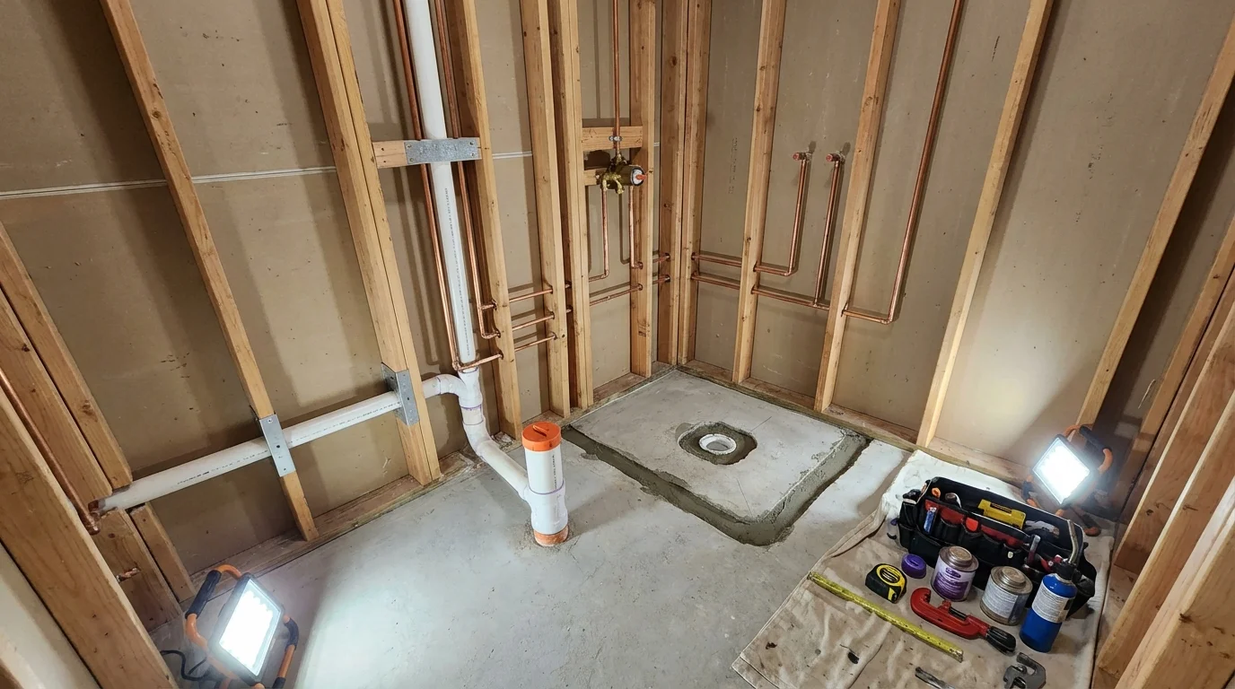 Bathroom rough-in plumbing during remodel by Johns Plumbing LLC in Stigler