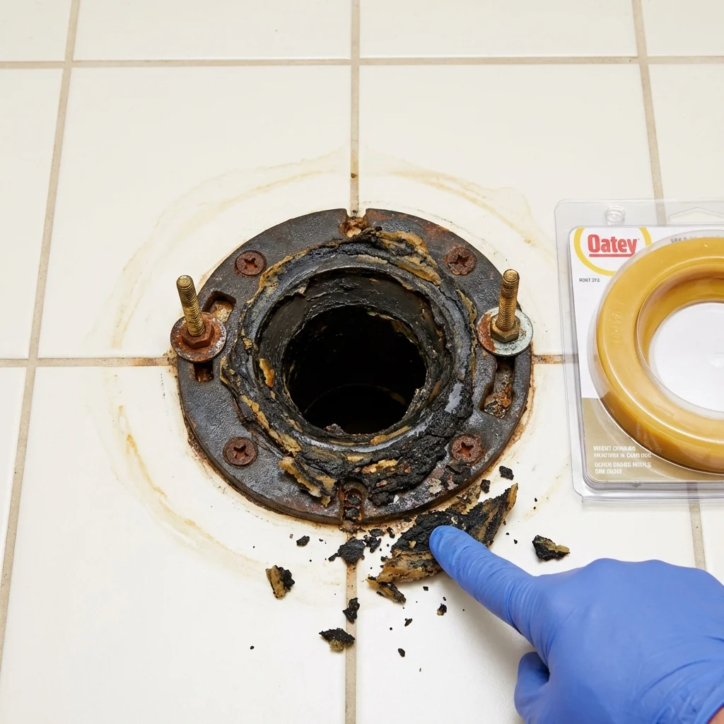 Failed wax ring showing water seepage at the base of a toilet in a Stigler, OK home